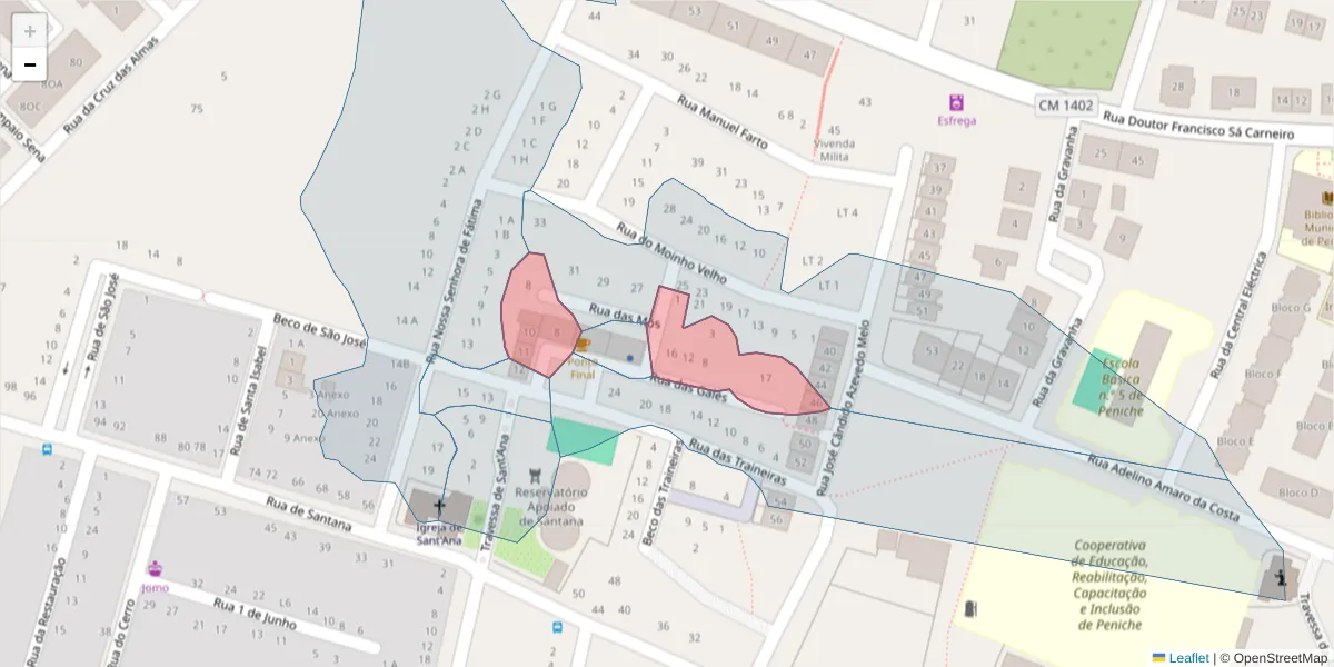 Mapa detalhado do código postal 2520-349 com limites, códigos postais vizinhos e agências dos correios
