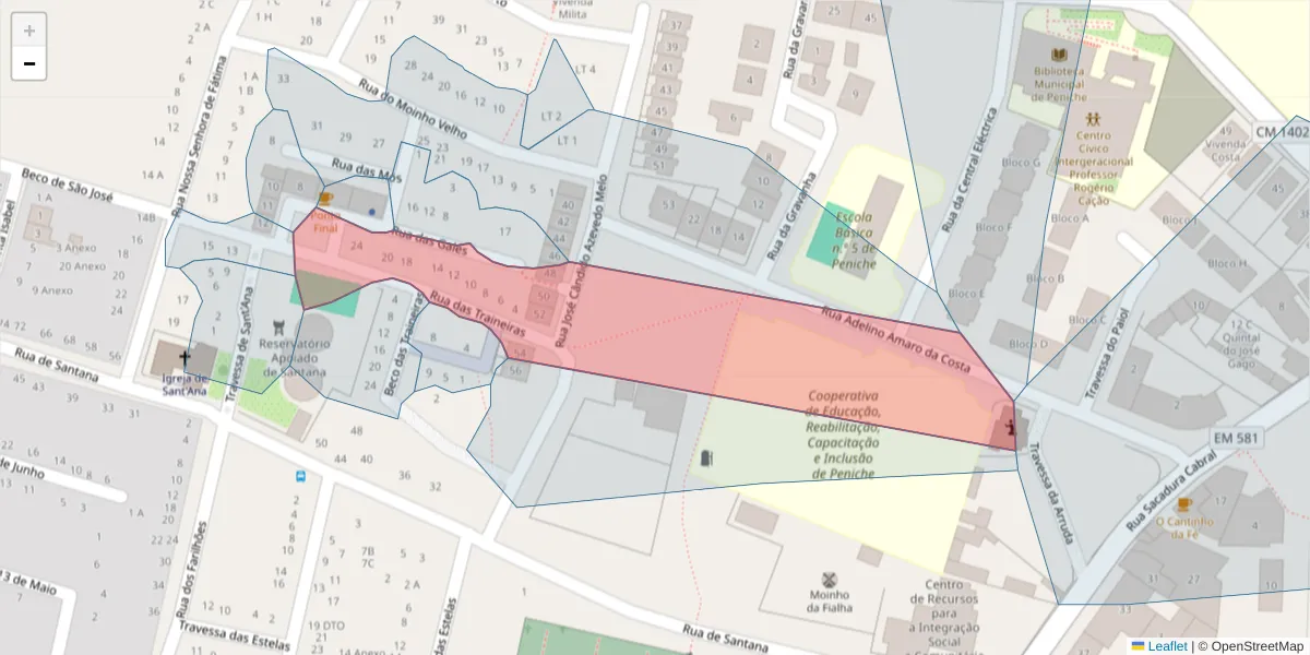 Mapa detalhado do código postal 2520-356 com limites, códigos postais vizinhos e agências dos correios