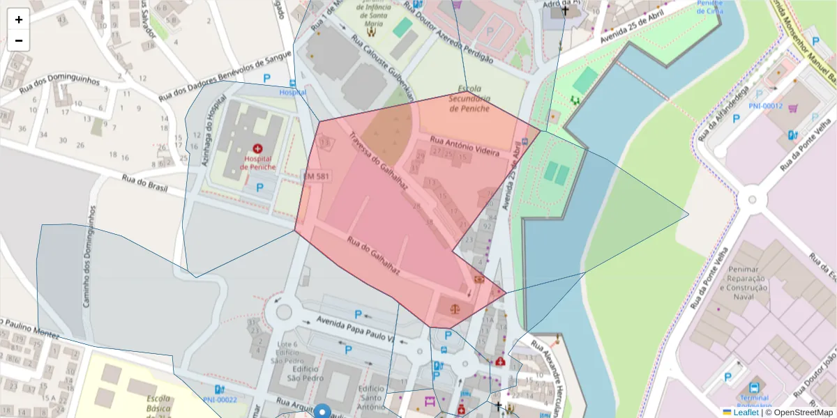Mapa detalhado do código postal 2520-365 com limites, códigos postais vizinhos e agências dos correios