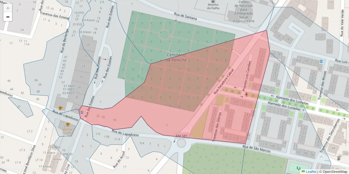 Mapa detalhado do código postal 2520-367 com limites, códigos postais vizinhos e agências dos correios