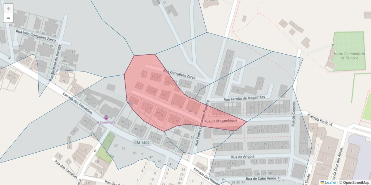 Mapa detalhado do código postal 2520-374 com limites, códigos postais vizinhos e agências dos correios