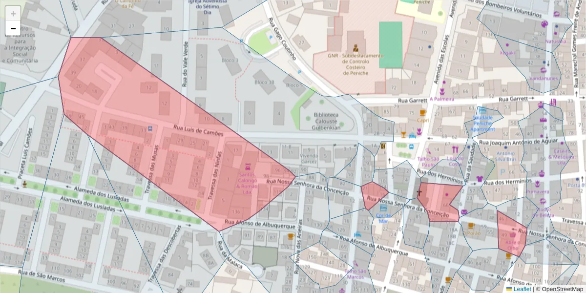 Mapa detalhado do código postal 2520-380 com limites, códigos postais vizinhos e agências dos correios