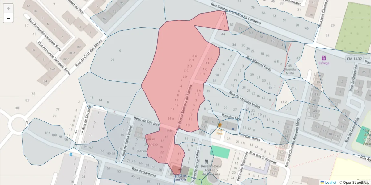 Mapa detalhado do código postal 2520-382 com limites, códigos postais vizinhos e agências dos correios
