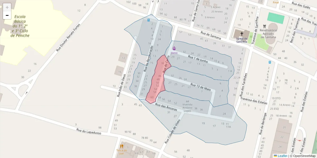 Mapa detalhado do código postal 2520-399 com limites, códigos postais vizinhos e agências dos correios