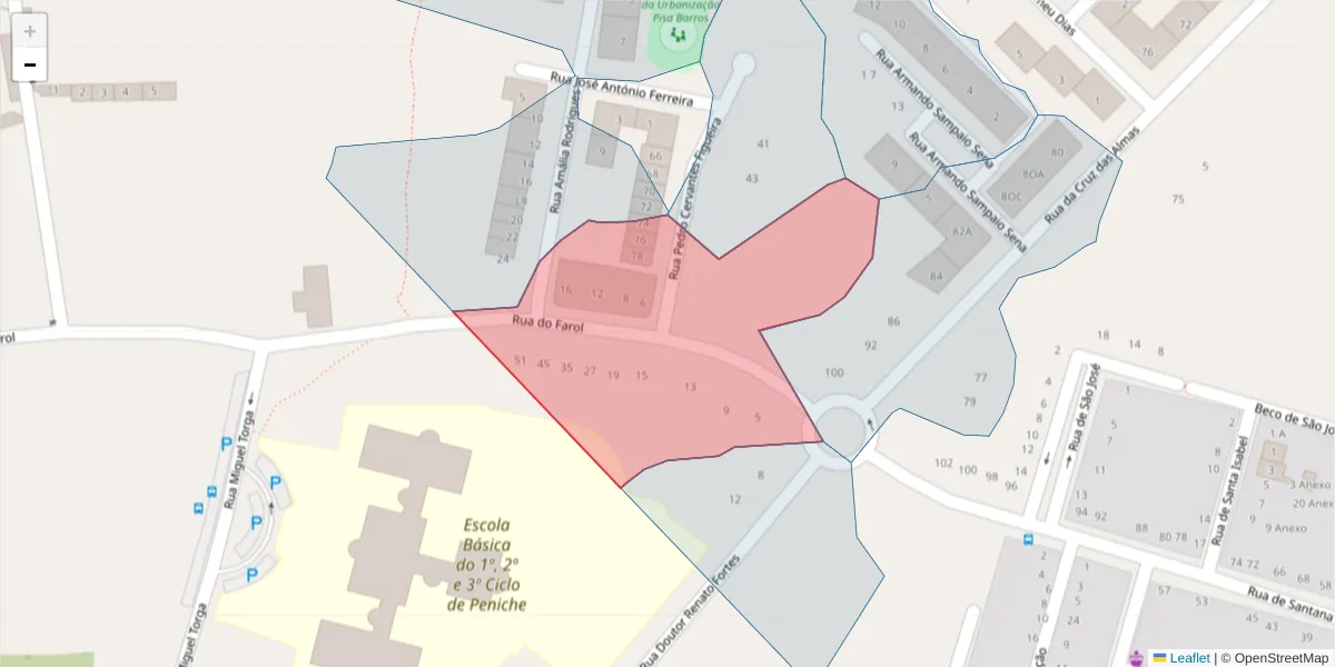 Mapa detalhado do código postal 2520-401 com limites, códigos postais vizinhos e agências dos correios