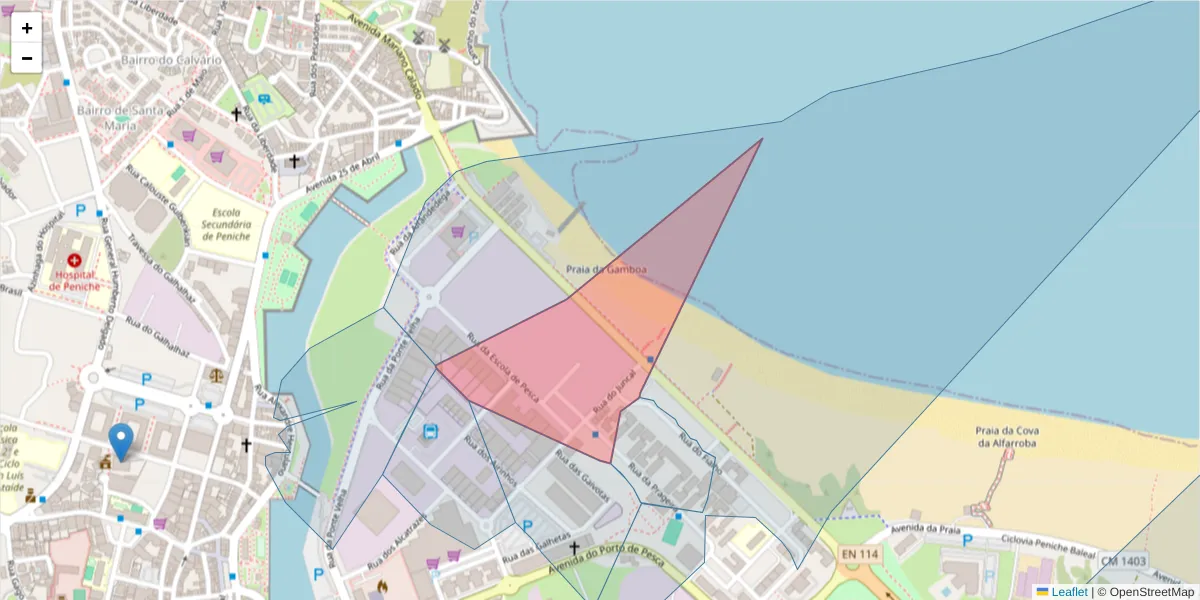 Mapa detalhado do código postal 2520-402 com limites, códigos postais vizinhos e agências dos correios