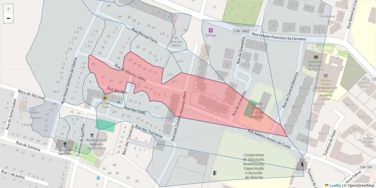 Mapa detalhado do código postal 2520-403 com limites, códigos postais vizinhos e agências dos correios