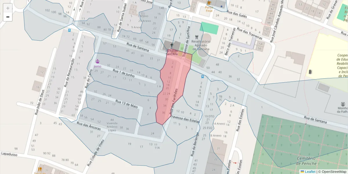 Mapa detalhado do código postal 2520-416 com limites, códigos postais vizinhos e agências dos correios