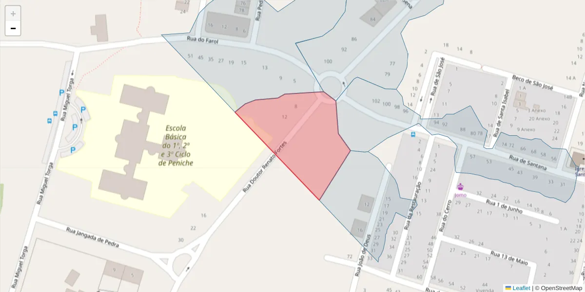 Mapa detalhado do código postal 2520-433 com limites, códigos postais vizinhos e agências dos correios