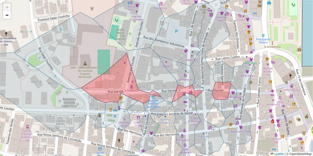 Mapa detalhado do código postal 2520-444 com limites, códigos postais vizinhos e agências dos correios