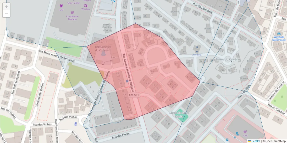 Mapa detalhado do código postal 2520-447 com limites, códigos postais vizinhos e agências dos correios