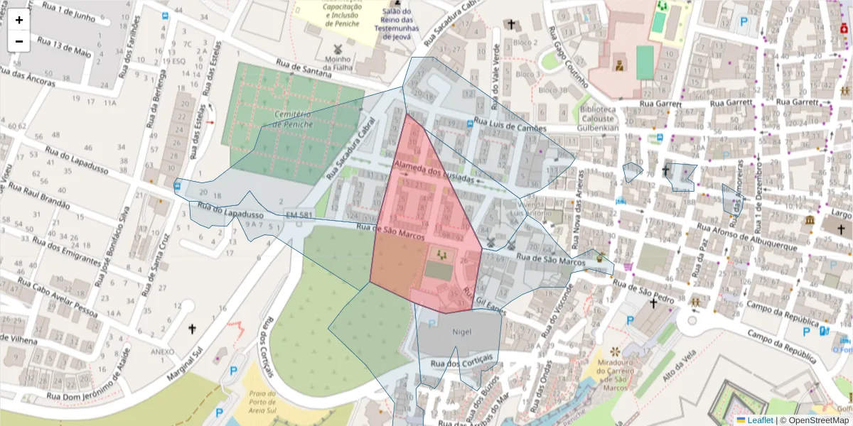 Mapa detalhado do código postal 2520-448 com limites, códigos postais vizinhos e agências dos correios