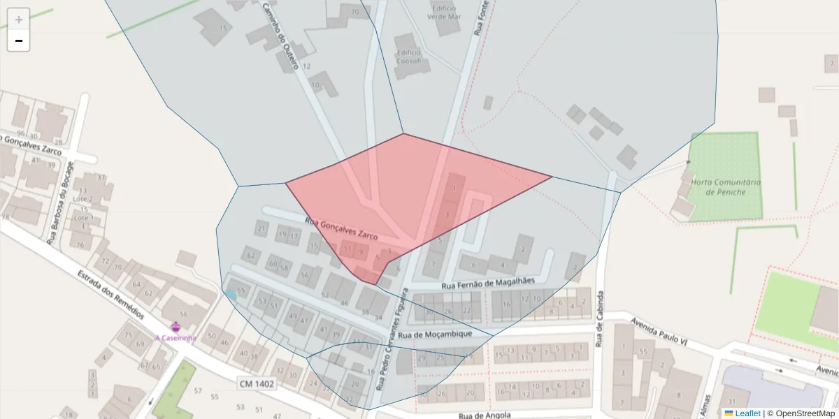 Mapa detalhado do código postal 2520-449 com limites, códigos postais vizinhos e agências dos correios