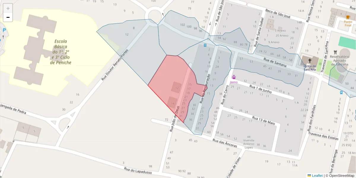 Mapa detalhado do código postal 2520-450 com limites, códigos postais vizinhos e agências dos correios