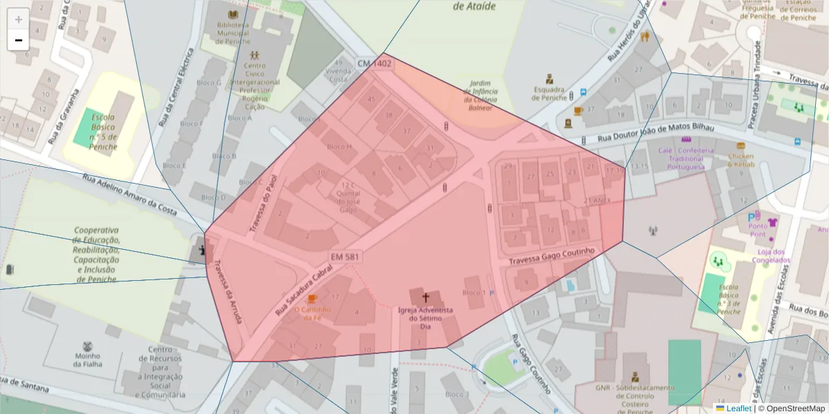 Mapa detalhado do código postal 2520-452 com limites, códigos postais vizinhos e agências dos correios