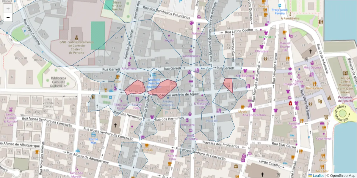 Mapa detalhado do código postal 2520-457 com limites, códigos postais vizinhos e agências dos correios