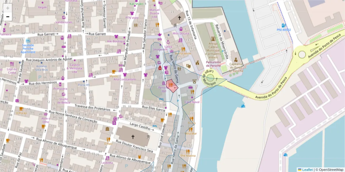 Mapa detalhado do código postal 2520-465 com limites, códigos postais vizinhos e agências dos correios