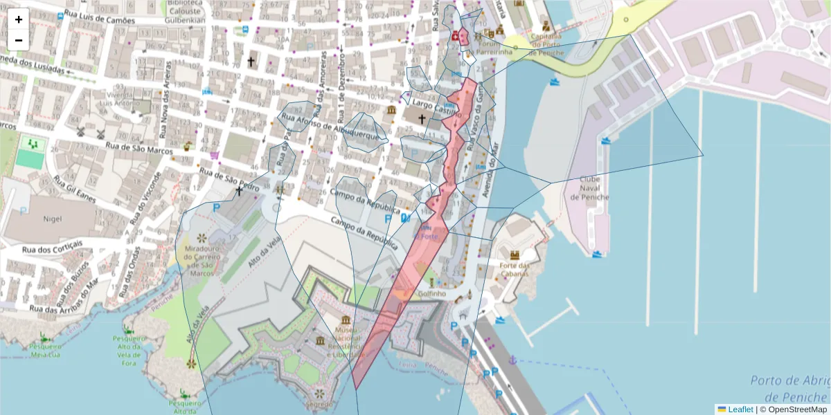Mapa detalhado do código postal 2520-467 com limites, códigos postais vizinhos e agências dos correios