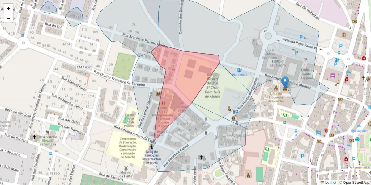 Mapa detalhado do código postal 2520-474 com limites, códigos postais vizinhos e agências dos correios