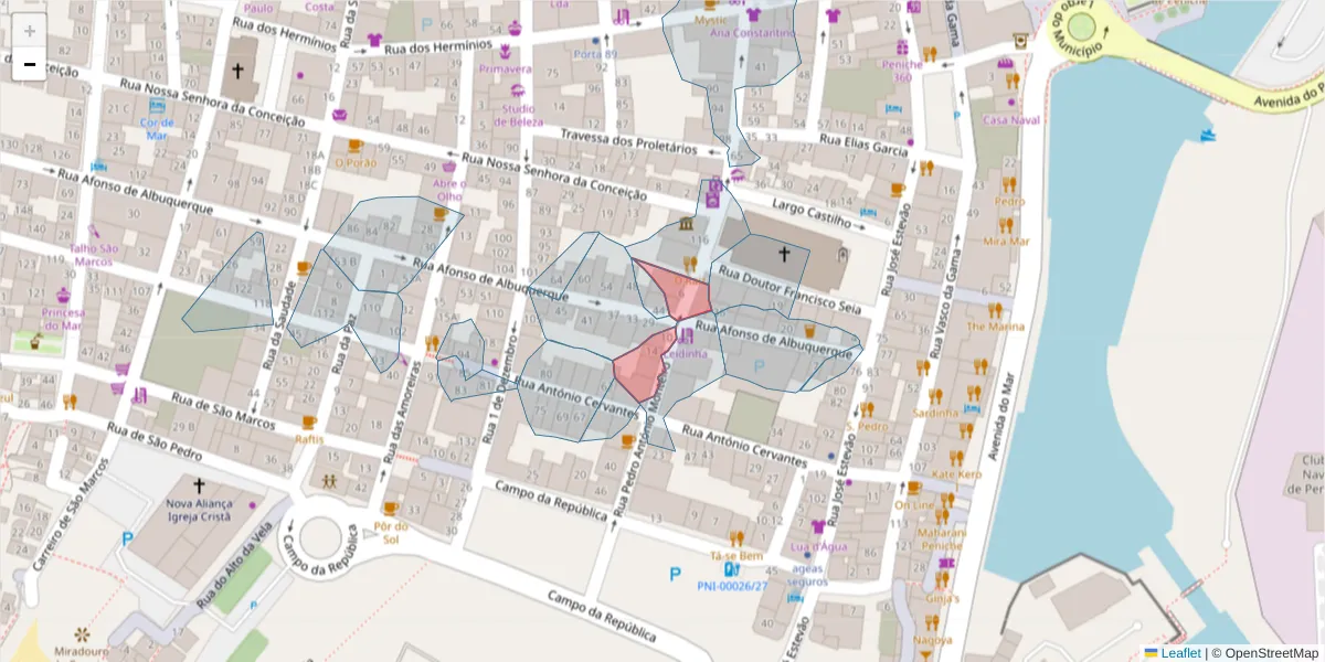 Mapa detalhado do código postal 2520-480 com limites, códigos postais vizinhos e agências dos correios