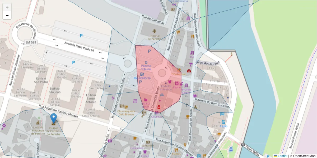 Mapa detalhado do código postal 2520-486 com limites, códigos postais vizinhos e agências dos correios