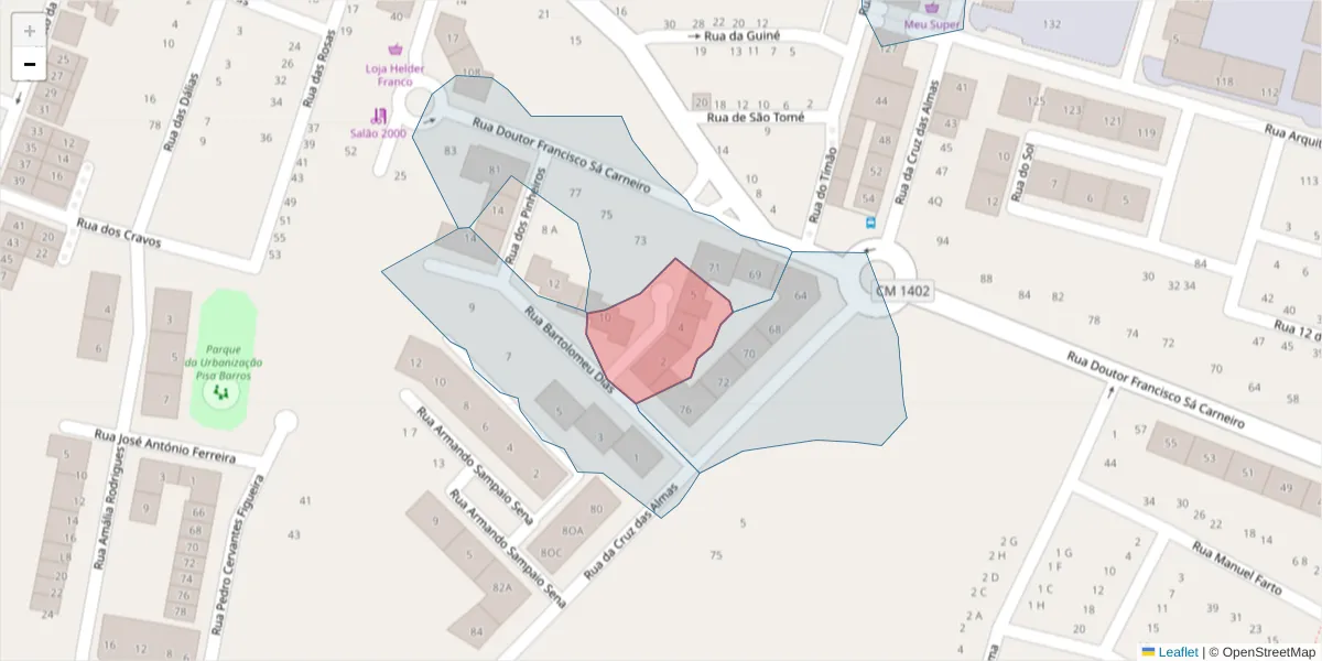 Mapa detalhado do código postal 2520-494 com limites, códigos postais vizinhos e agências dos correios