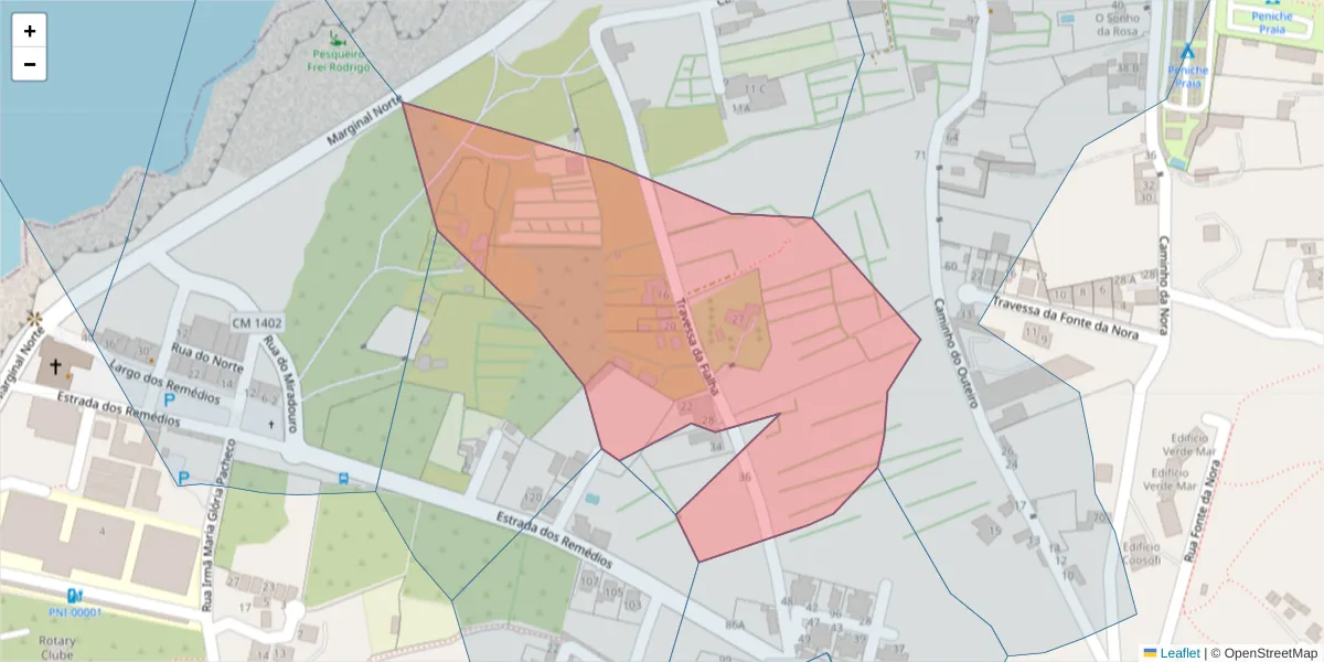 Mapa detalhado do código postal 2520-500 com limites, códigos postais vizinhos e agências dos correios