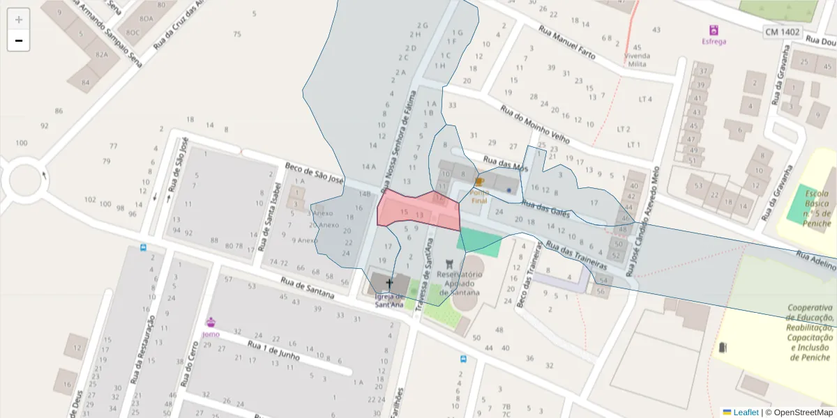 Mapa detalhado do código postal 2520-516 com limites, códigos postais vizinhos e agências dos correios