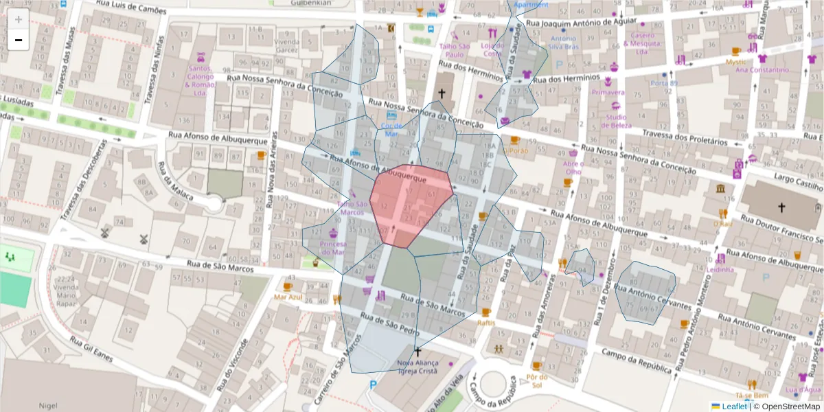 Mapa detalhado do código postal 2520-522 com limites, códigos postais vizinhos e agências dos correios