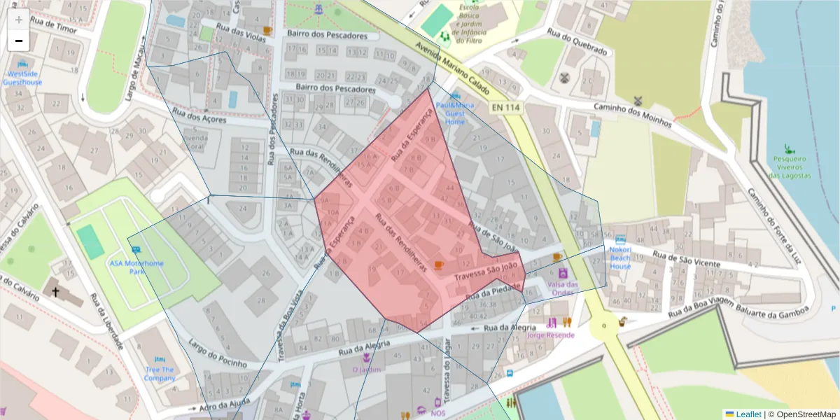Mapa detalhado do código postal 2520-523 com limites, códigos postais vizinhos e agências dos correios