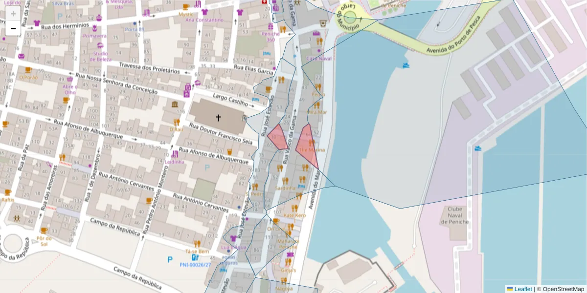 Mapa detalhado do código postal 2520-526 com limites, códigos postais vizinhos e agências dos correios