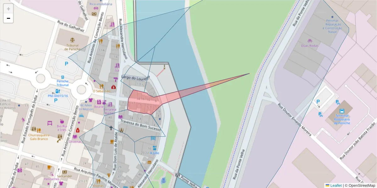 Mapa detalhado do código postal 2520-529 com limites, códigos postais vizinhos e agências dos correios
