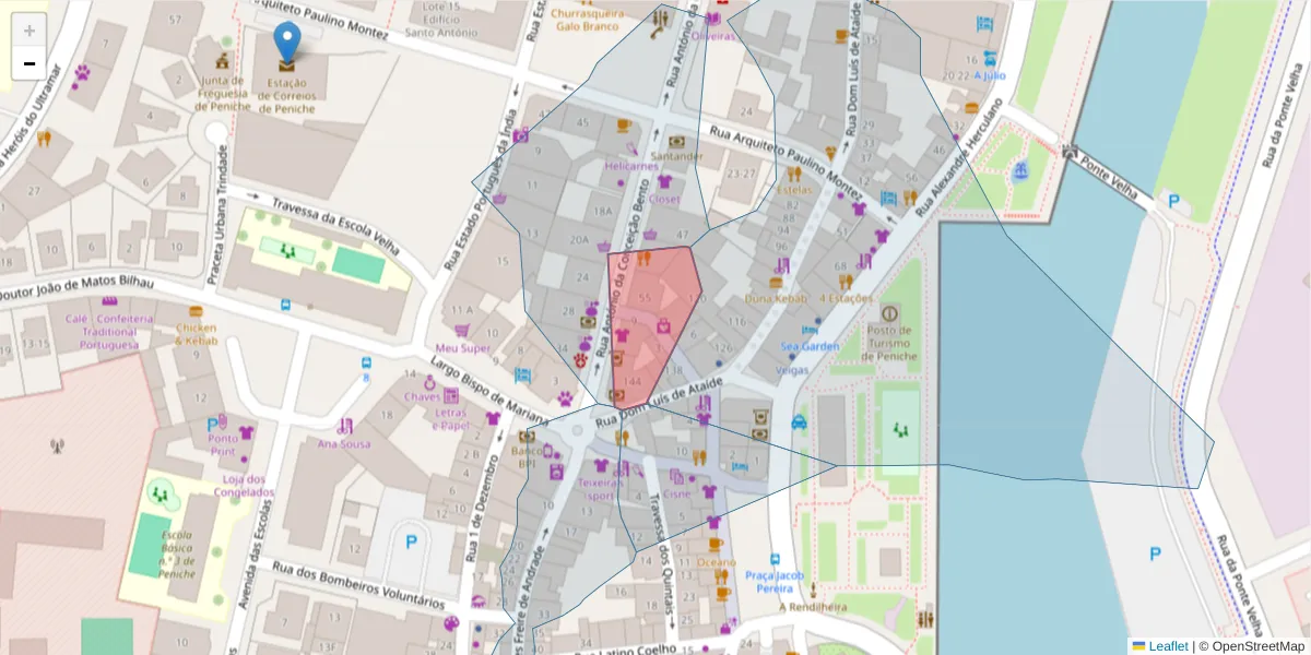 Mapa detalhado do código postal 2520-533 com limites, códigos postais vizinhos e agências dos correios