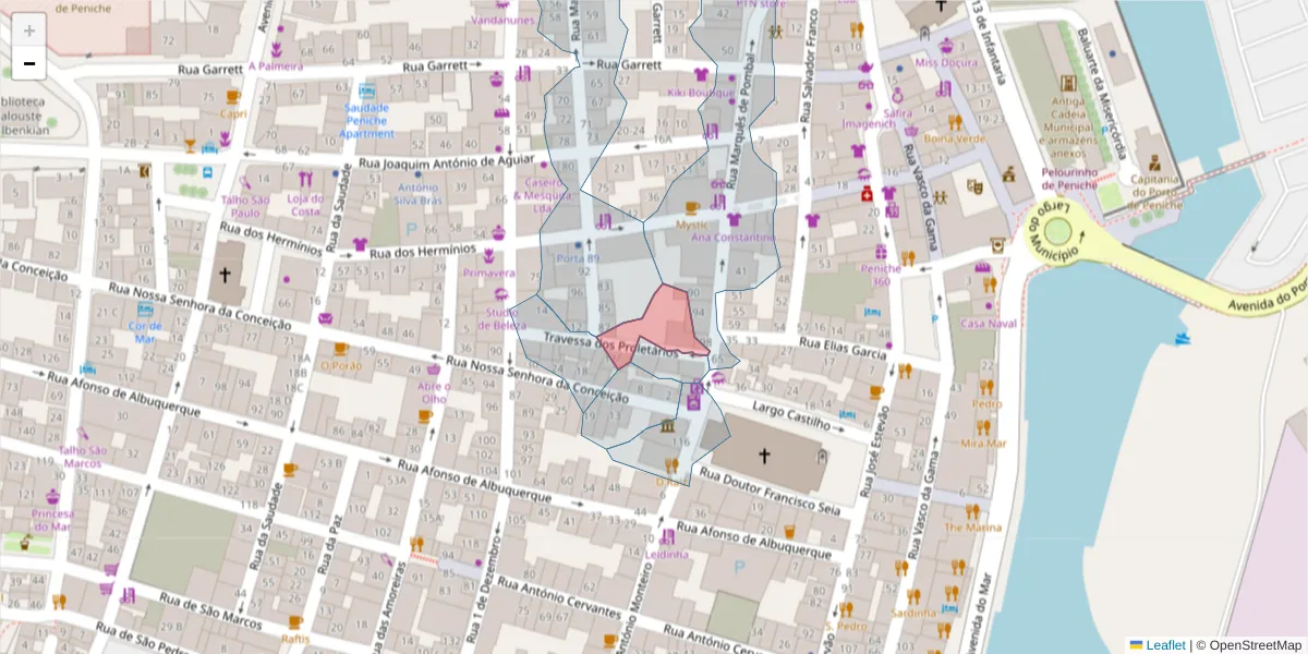 Mapa detalhado do código postal 2520-538 com limites, códigos postais vizinhos e agências dos correios