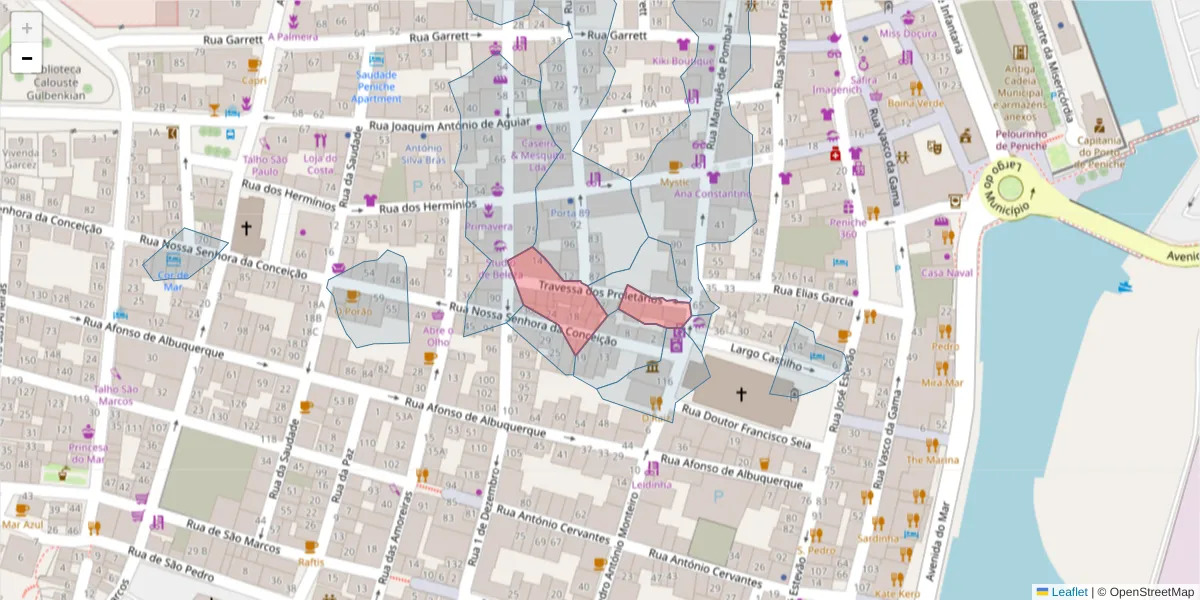 Mapa detalhado do código postal 2520-541 com limites, códigos postais vizinhos e agências dos correios