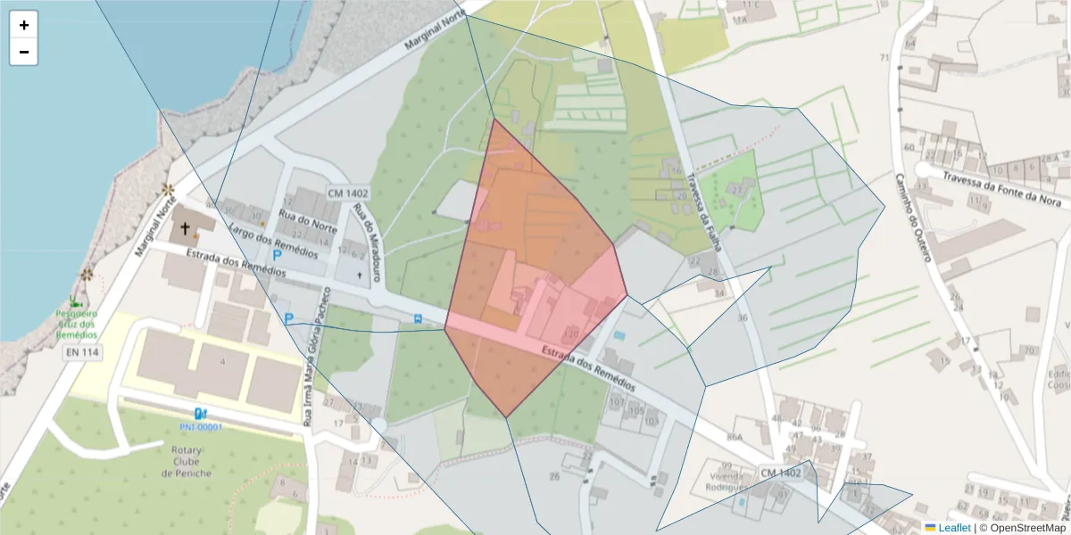 Mapa detalhado do código postal 2520-551 com limites, códigos postais vizinhos e agências dos correios