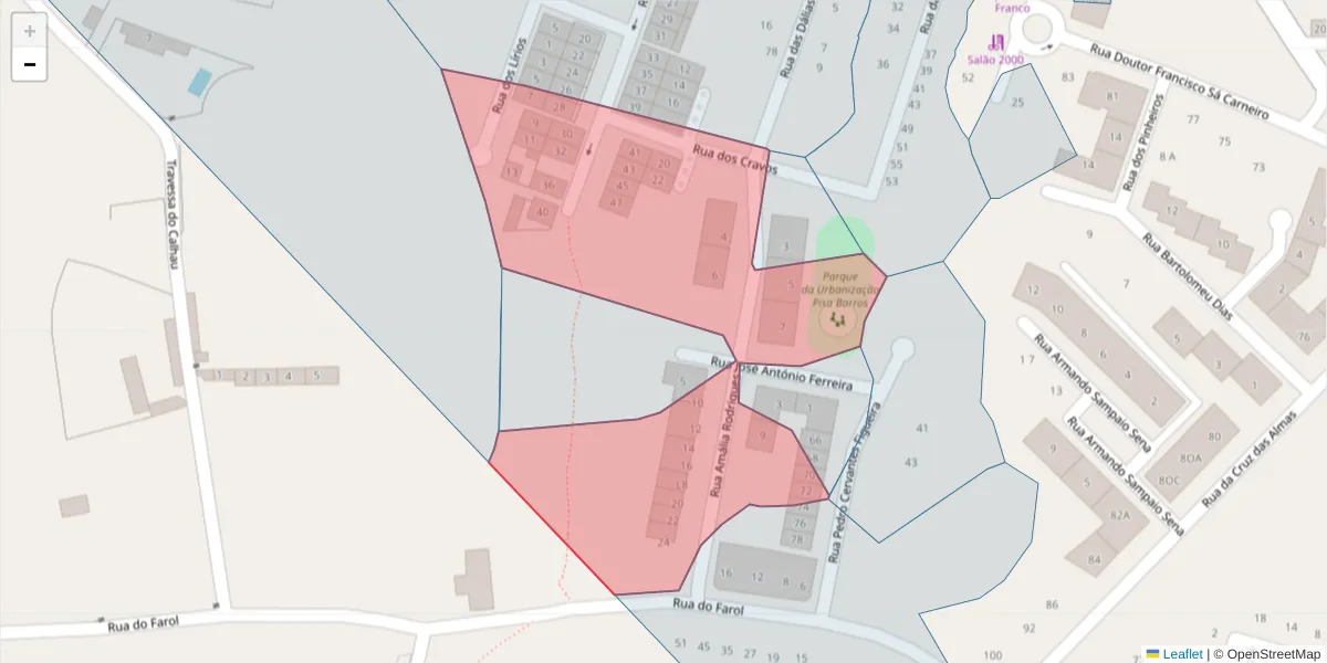 Mapa detalhado do código postal 2520-553 com limites, códigos postais vizinhos e agências dos correios