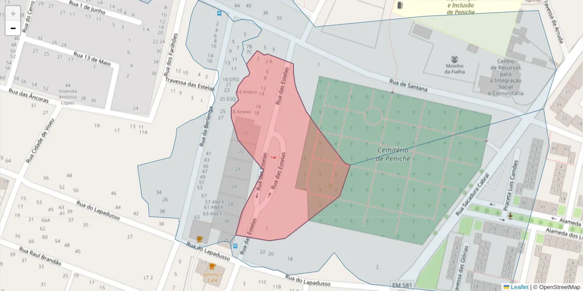 Mapa detalhado do código postal 2520-558 com limites, códigos postais vizinhos e agências dos correios