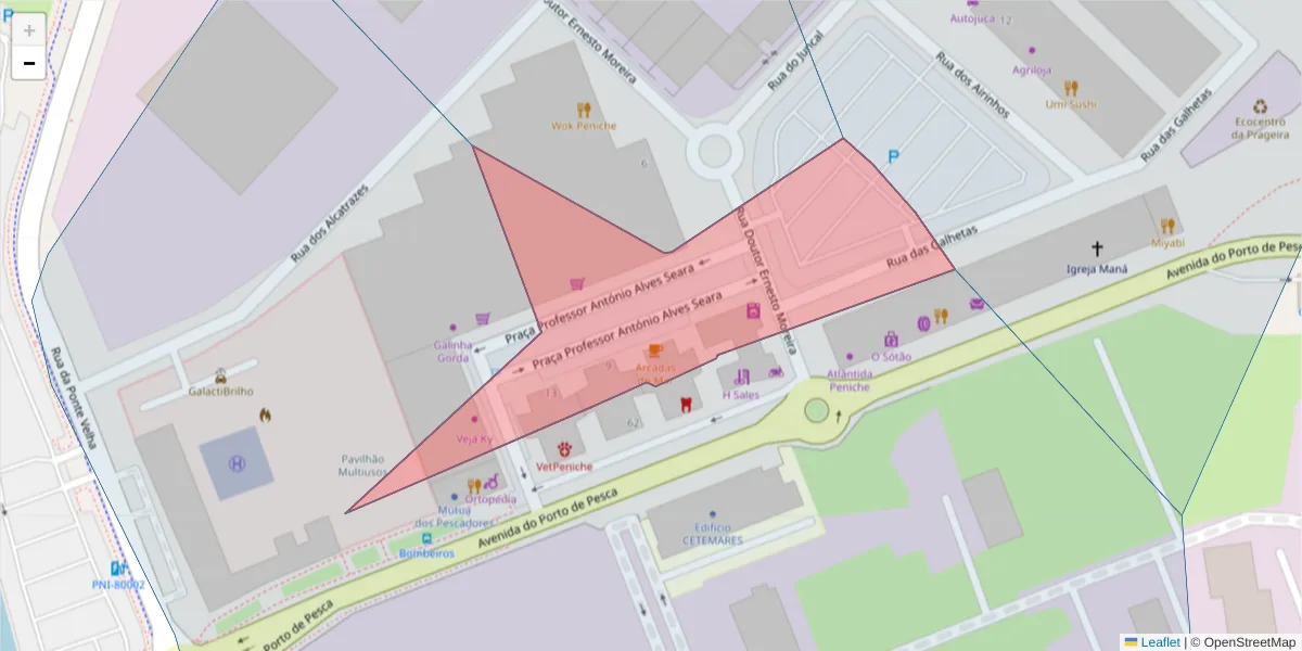Mapa detalhado do código postal 2520-621 com limites, códigos postais vizinhos e agências dos correios