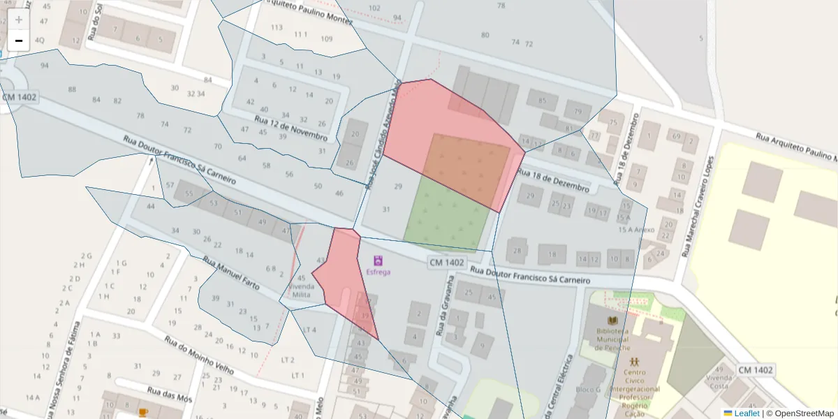 Mapa detalhado do código postal 2520-632 com limites, códigos postais vizinhos e agências dos correios