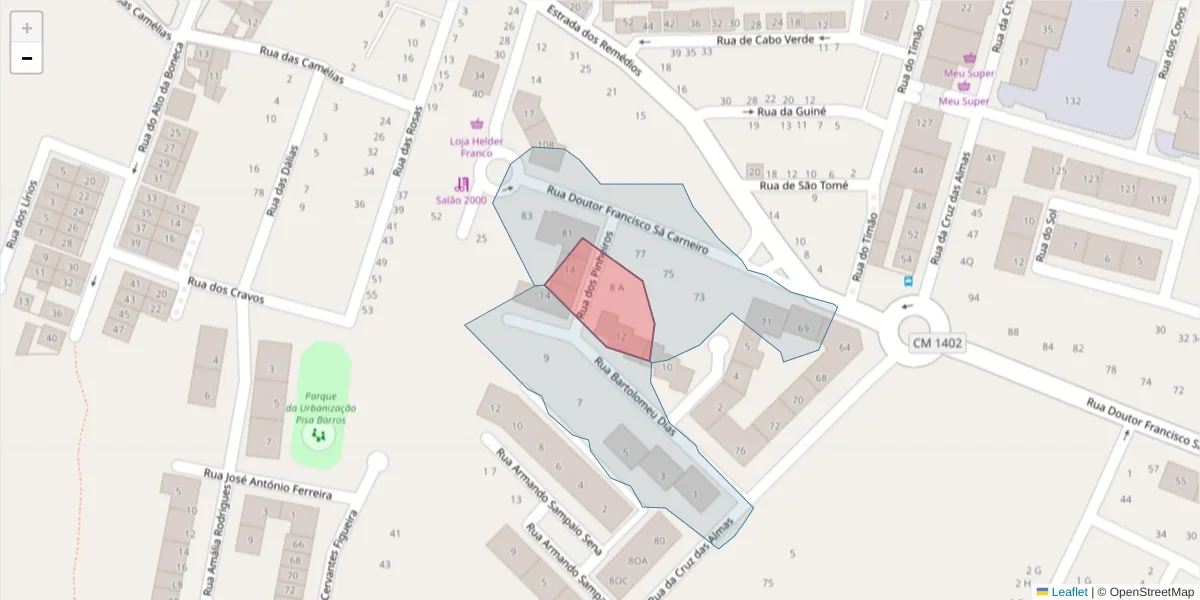 Mapa detalhado do código postal 2520-636 com limites, códigos postais vizinhos e agências dos correios