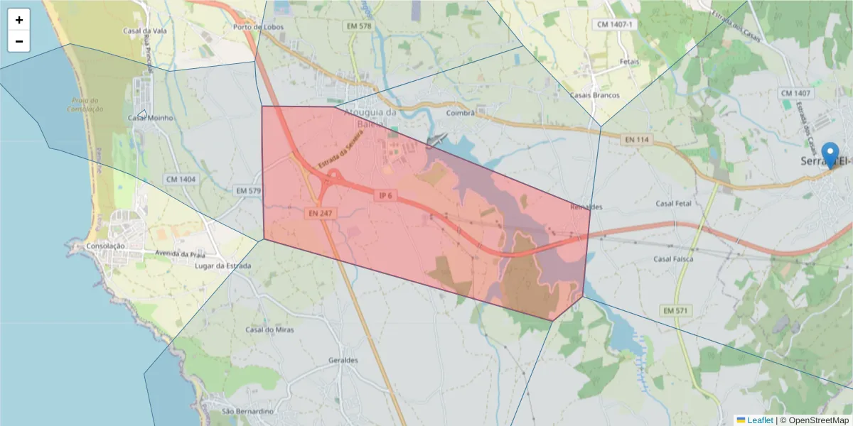 Mapa detalhado do código postal 2525-022 com limites, códigos postais vizinhos e agências dos correios
