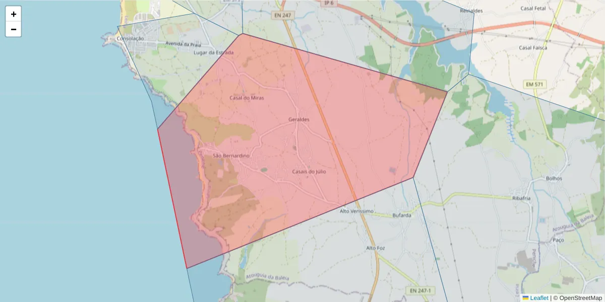 Mapa detalhado do código postal 2525-127 com limites, códigos postais vizinhos e agências dos correios