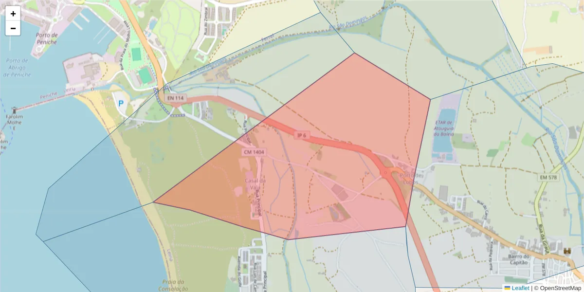 Mapa detalhado do código postal 2525-350 com limites, códigos postais vizinhos e agências dos correios