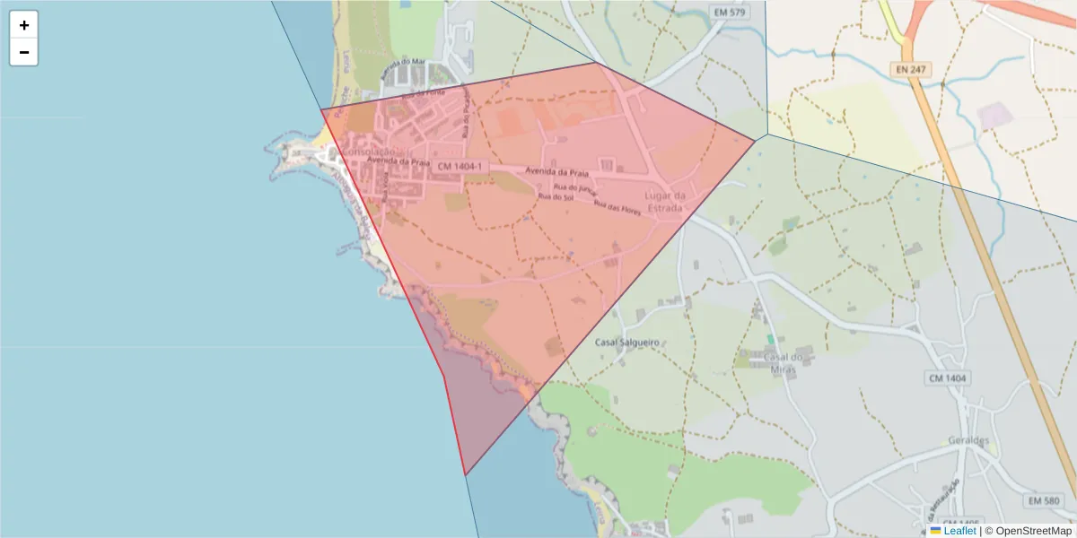 Mapa detalhado do código postal 2525-435 com limites, códigos postais vizinhos e agências dos correios