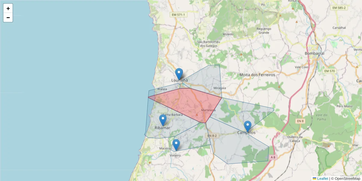 Mapa detalhado do código postal 2530-144 com limites, códigos postais vizinhos e agências dos correios
