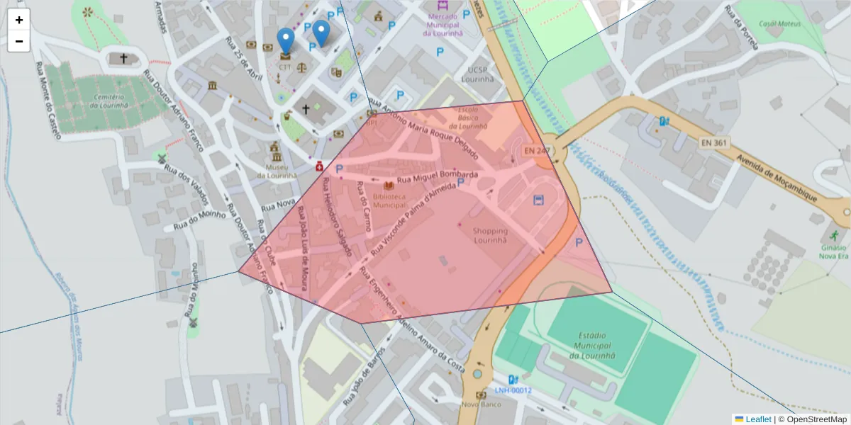 Mapa detalhado do código postal 2530-147 com limites, códigos postais vizinhos e agências dos correios
