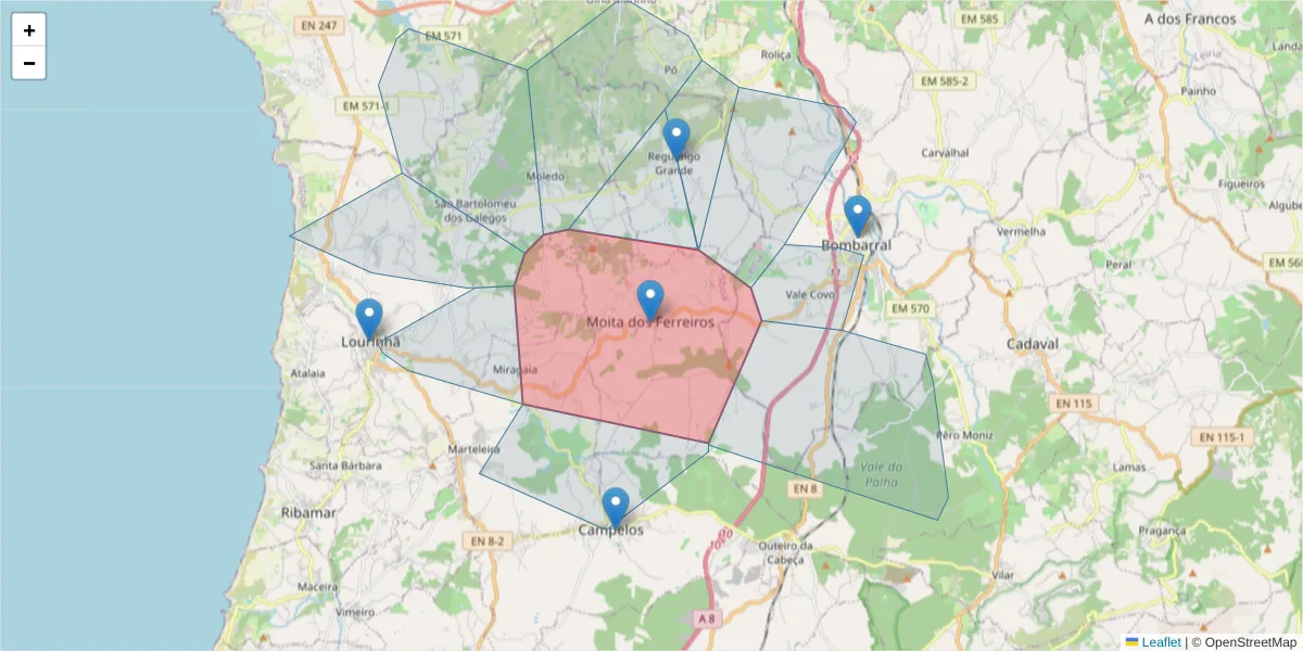 Mapa detalhado do código postal 2530-499 com limites, códigos postais vizinhos e agências dos correios