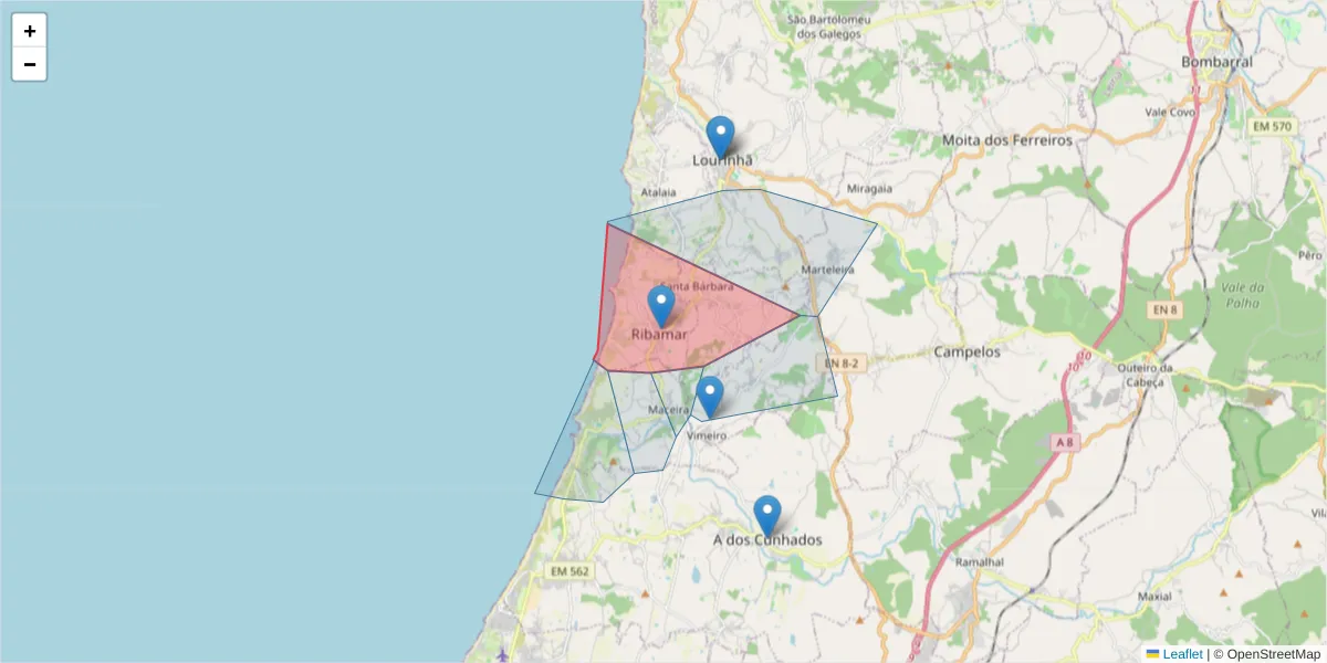 Mapa detalhado do código postal 2530-628 com limites, códigos postais vizinhos e agências dos correios