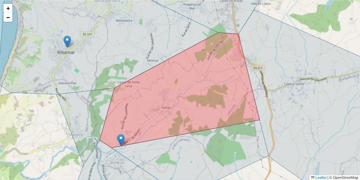 Mapa detalhado do código postal 2530-884 com limites, códigos postais vizinhos e agências dos correios